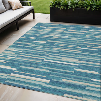 Tabselect Home Line 5' X 8' Teal Blue And Ivory Striped Washable Indoor Outdoor Area Rug