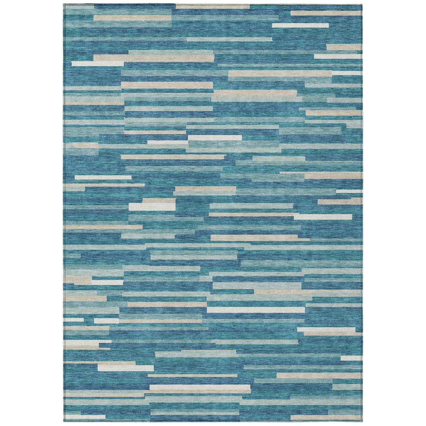 Tabselect Home Line 5' X 8' Teal Blue And Ivory Striped Washable Indoor Outdoor Area Rug
