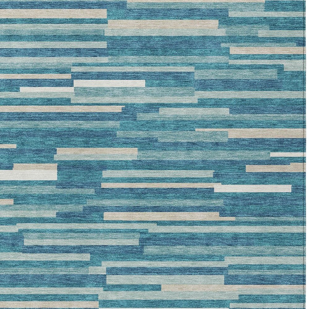 Tabselect Home Line 5' X 8' Teal Blue And Ivory Striped Washable Indoor Outdoor Area Rug