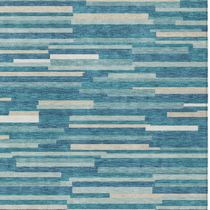 Tabselect Home Line 5' X 8' Teal Blue And Ivory Striped Washable Indoor Outdoor Area Rug