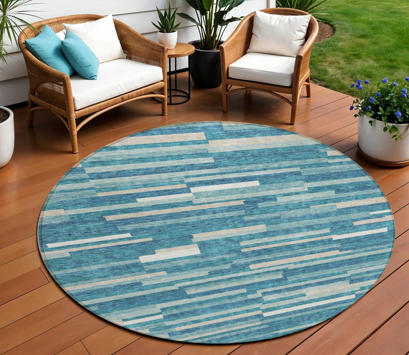 Tabselect Home Line 8' Teal Blue And Ivory Round Striped Washable Indoor Outdoor Area Rug