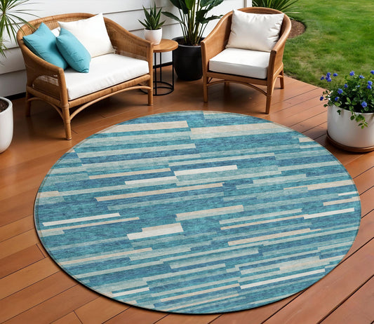 Tabselect Home Line 8' Teal Blue And Ivory Round Striped Washable Indoor Outdoor Area Rug