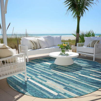 Tabselect Home Line 8' Teal Blue And Ivory Round Striped Washable Indoor Outdoor Area Rug