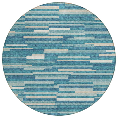 Tabselect Home Line 8' Teal Blue And Ivory Round Striped Washable Indoor Outdoor Area Rug