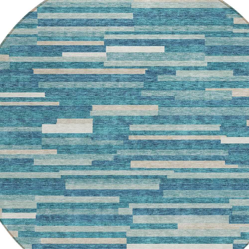 Tabselect Home Line 8' Teal Blue And Ivory Round Striped Washable Indoor Outdoor Area Rug