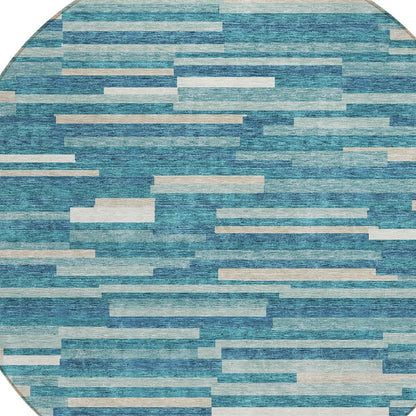 Tabselect Home Line 8' Teal Blue And Ivory Round Striped Washable Indoor Outdoor Area Rug