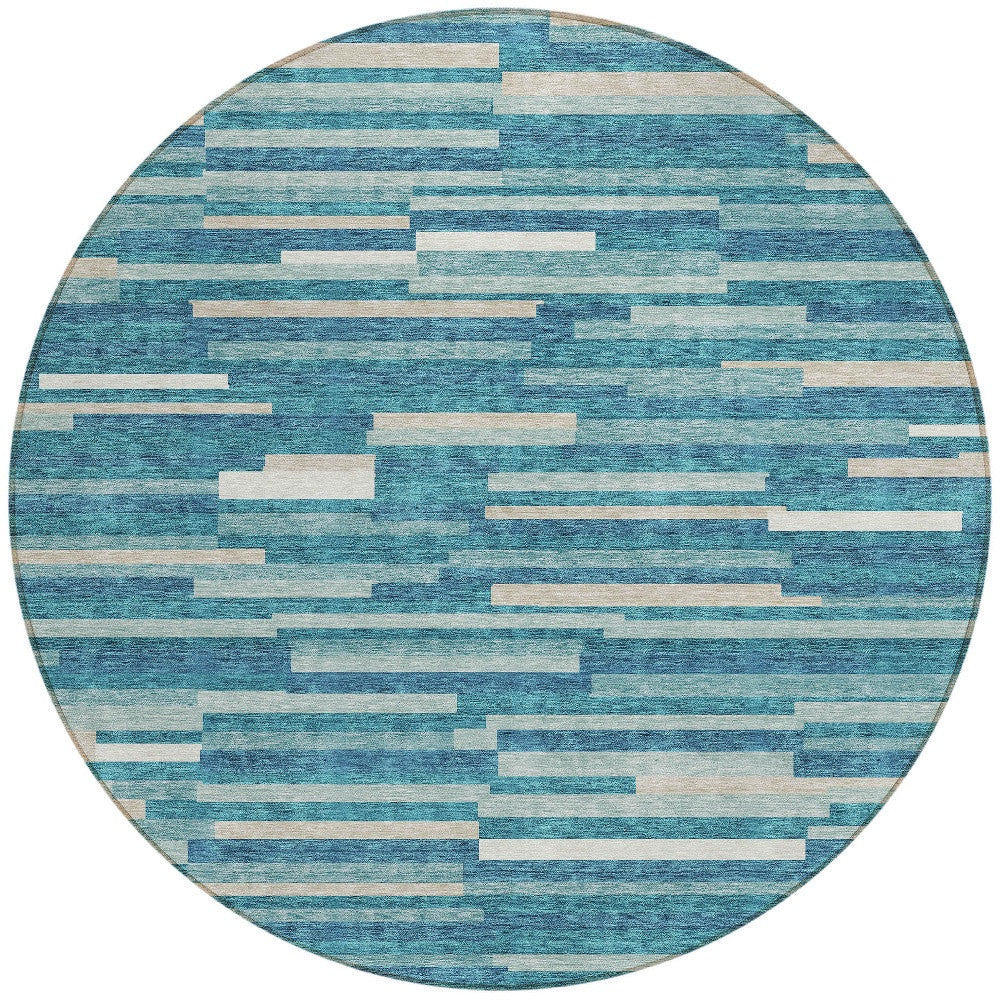 Tabselect Home Line 8' Teal Blue And Ivory Round Striped Washable Indoor Outdoor Area Rug