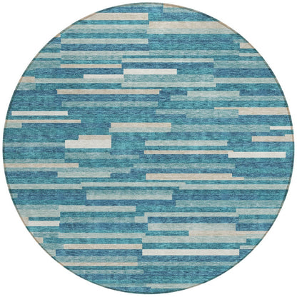 Tabselect Home Line 8' Teal Blue And Ivory Round Striped Washable Indoor Outdoor Area Rug