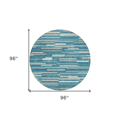 Tabselect Home Line 8' Teal Blue And Ivory Round Striped Washable Indoor Outdoor Area Rug