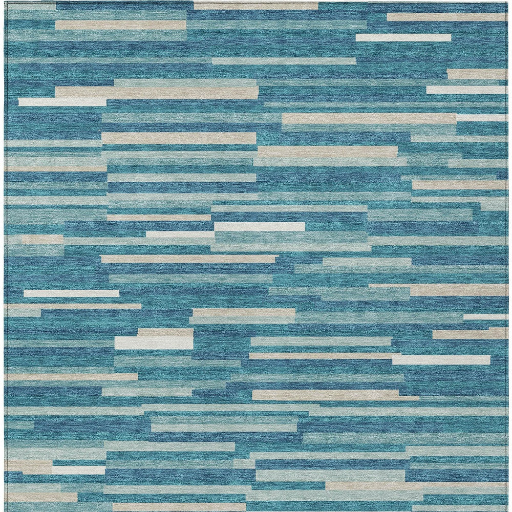 Tabselect Home Line 8' X 10' Teal Blue And Ivory Striped Washable Indoor Outdoor Area Rug