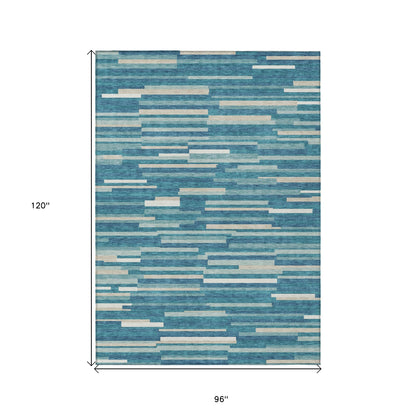 Tabselect Home Line 8' X 10' Teal Blue And Ivory Striped Washable Indoor Outdoor Area Rug
