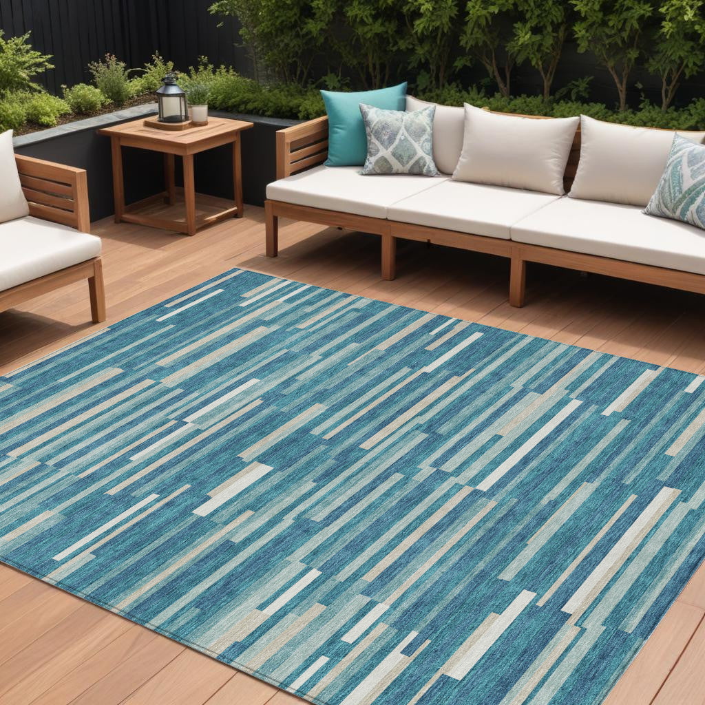 Tabselect Home Line 8' X 10' Teal Blue And Ivory Striped Washable Indoor Outdoor Area Rug