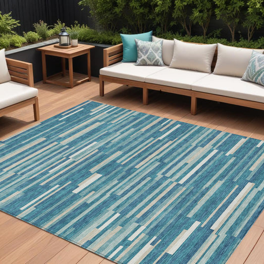 Tabselect Home Line 8' X 10' Teal Blue And Ivory Striped Washable Indoor Outdoor Area Rug