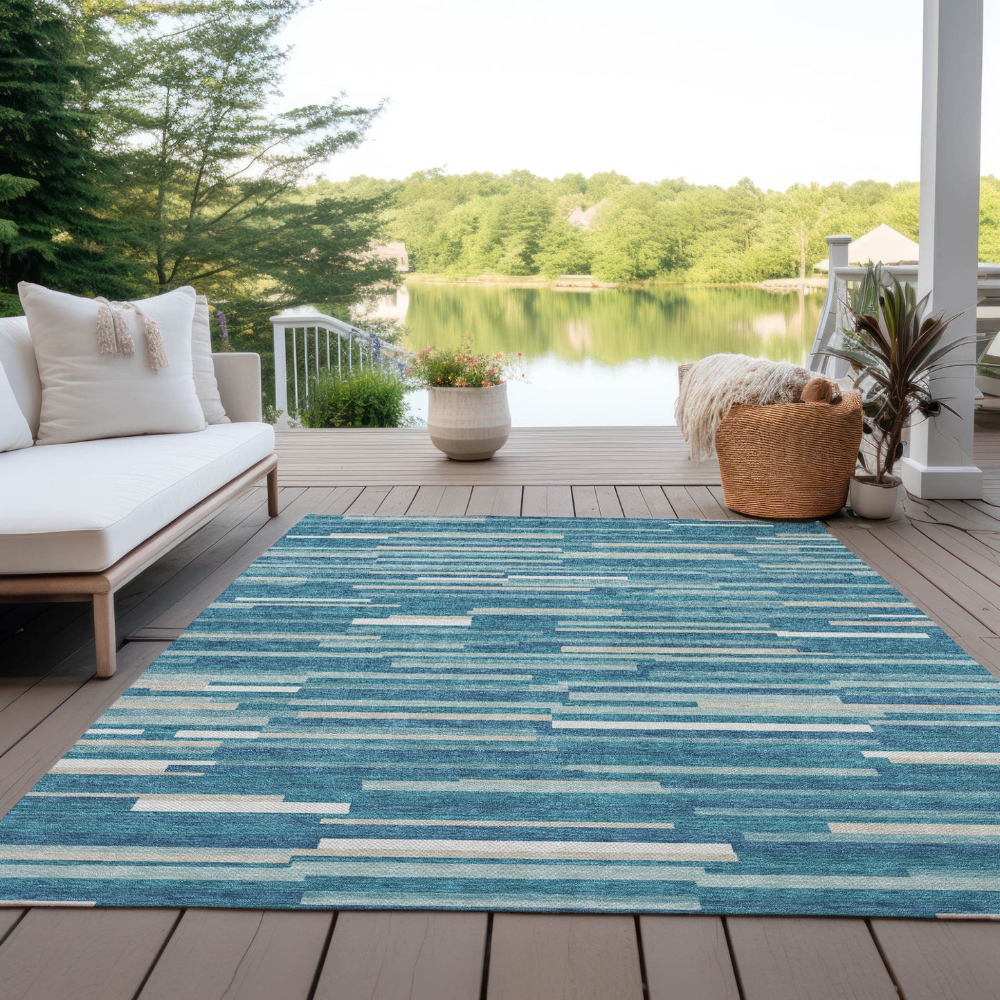 Tabselect Home Line 8' X 10' Teal Blue And Ivory Striped Washable Indoor Outdoor Area Rug