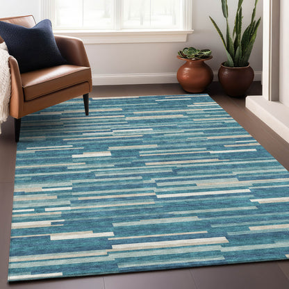 Tabselect Home Line 8' X 10' Teal Blue And Ivory Striped Washable Indoor Outdoor Area Rug