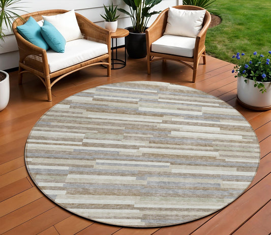 Tabselect Home Line 8' Taupe Gray And Ivory Round Striped Washable Indoor Outdoor Area Rug