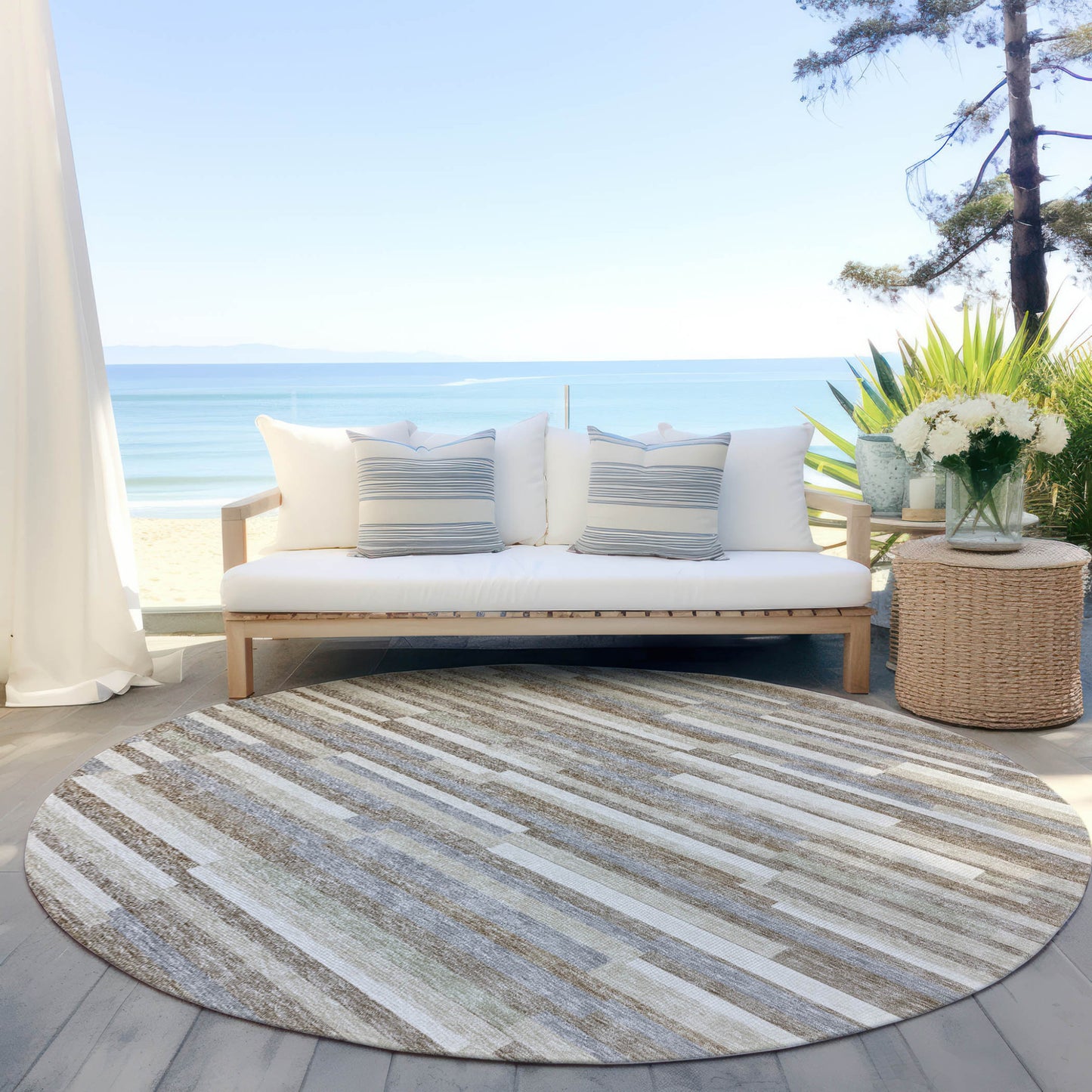 Tabselect Home Line 8' Taupe Gray And Ivory Round Striped Washable Indoor Outdoor Area Rug