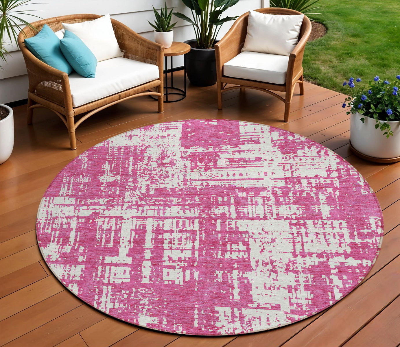 Tabselect Home Line 8' Blush And Ivory Round Abstract Washable Indoor Outdoor Area Rug