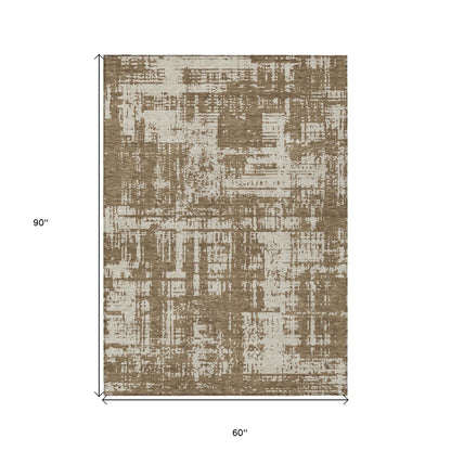 Tabselect Home Line 5' X 8' Brown And Beige Abstract Washable Indoor Outdoor Area Rug