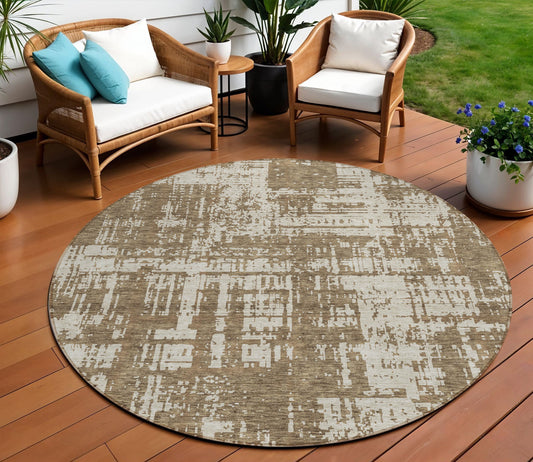 Tabselect Home Line 8' Brown And Beige Round Abstract Washable Indoor Outdoor Area Rug