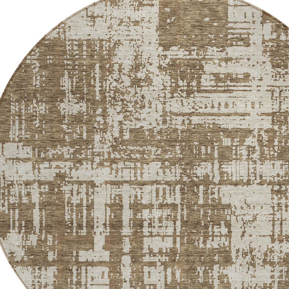 Tabselect Home Line 8' Brown And Beige Round Abstract Washable Indoor Outdoor Area Rug