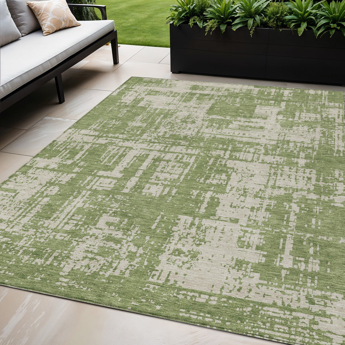 Tabselect Home Line 5' X 8' Green And Beige Abstract Washable Indoor Outdoor Area Rug