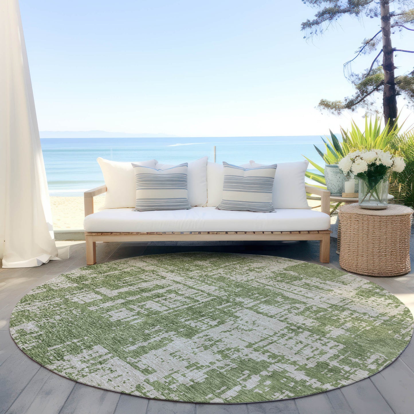 Tabselect Home Line 8' Green And Beige Round Abstract Washable Indoor Outdoor Area Rug
