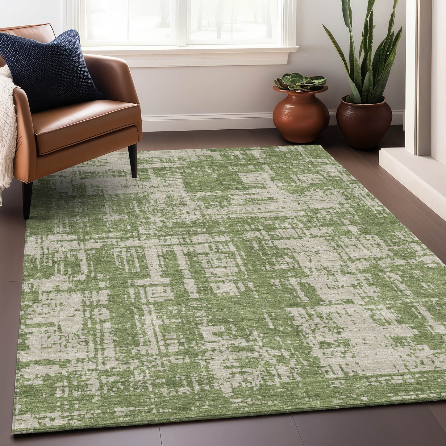 Tabselect Home Line 8' X 10' Green And Beige Abstract Washable Indoor Outdoor Area Rug
