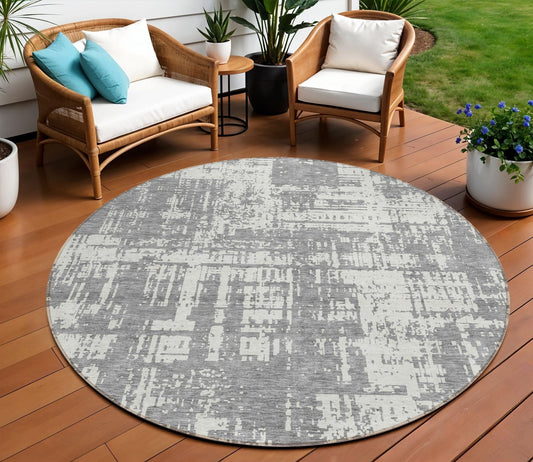 Tabselect Home Line 8' Gray And Ivory Round Abstract Washable Indoor Outdoor Area Rug