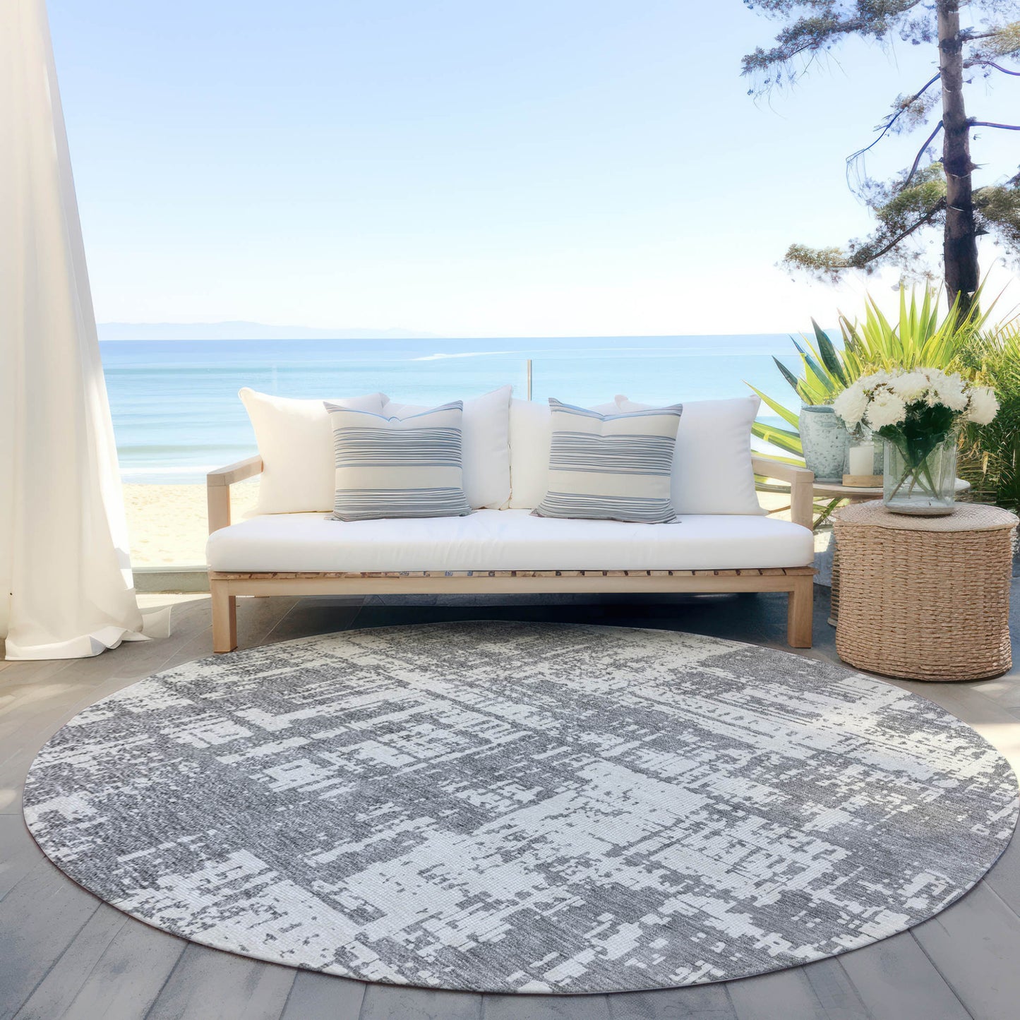 Tabselect Home Line 8' Gray And Ivory Round Abstract Washable Indoor Outdoor Area Rug