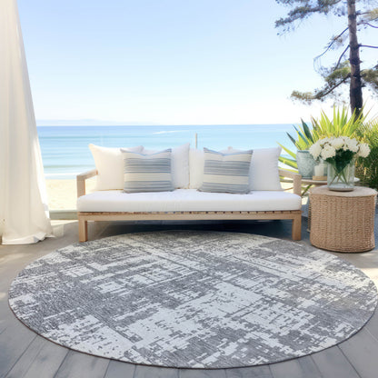 Tabselect Home Line 8' Gray And Ivory Round Abstract Washable Indoor Outdoor Area Rug