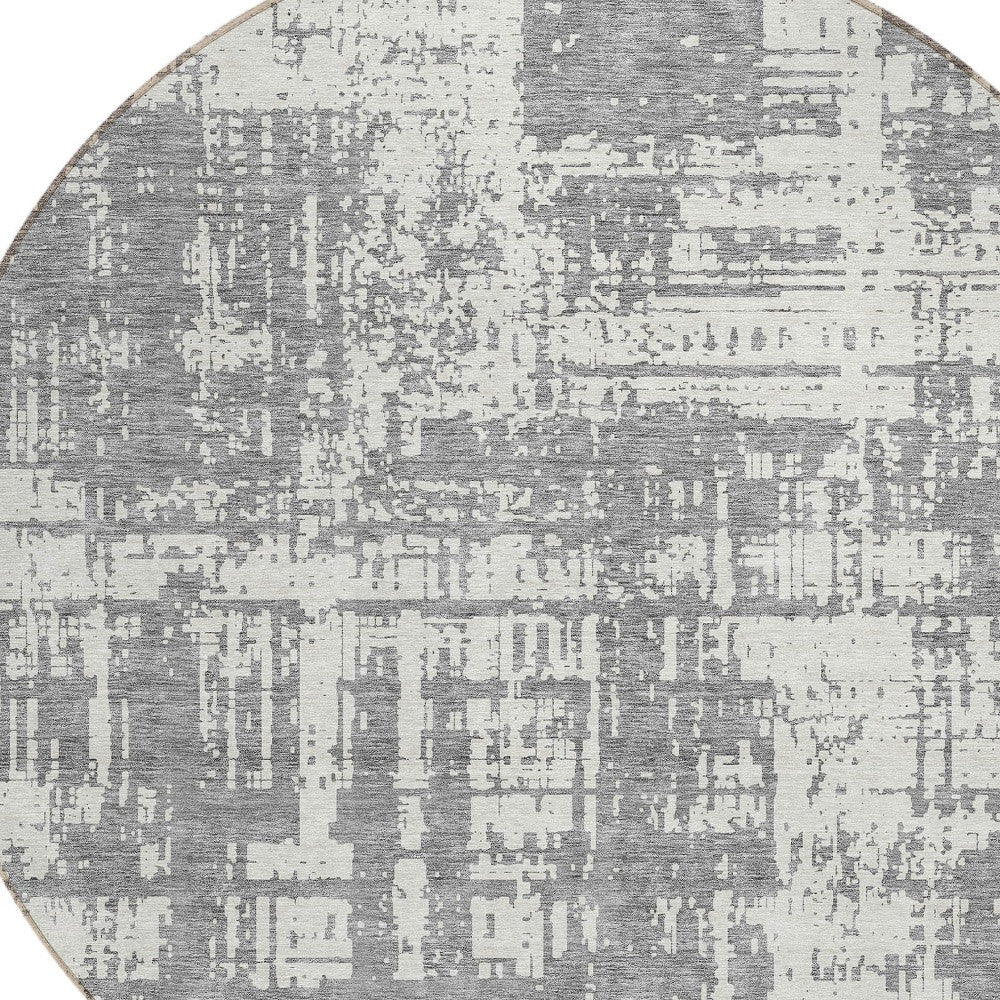 Tabselect Home Line 8' Gray And Ivory Round Abstract Washable Indoor Outdoor Area Rug
