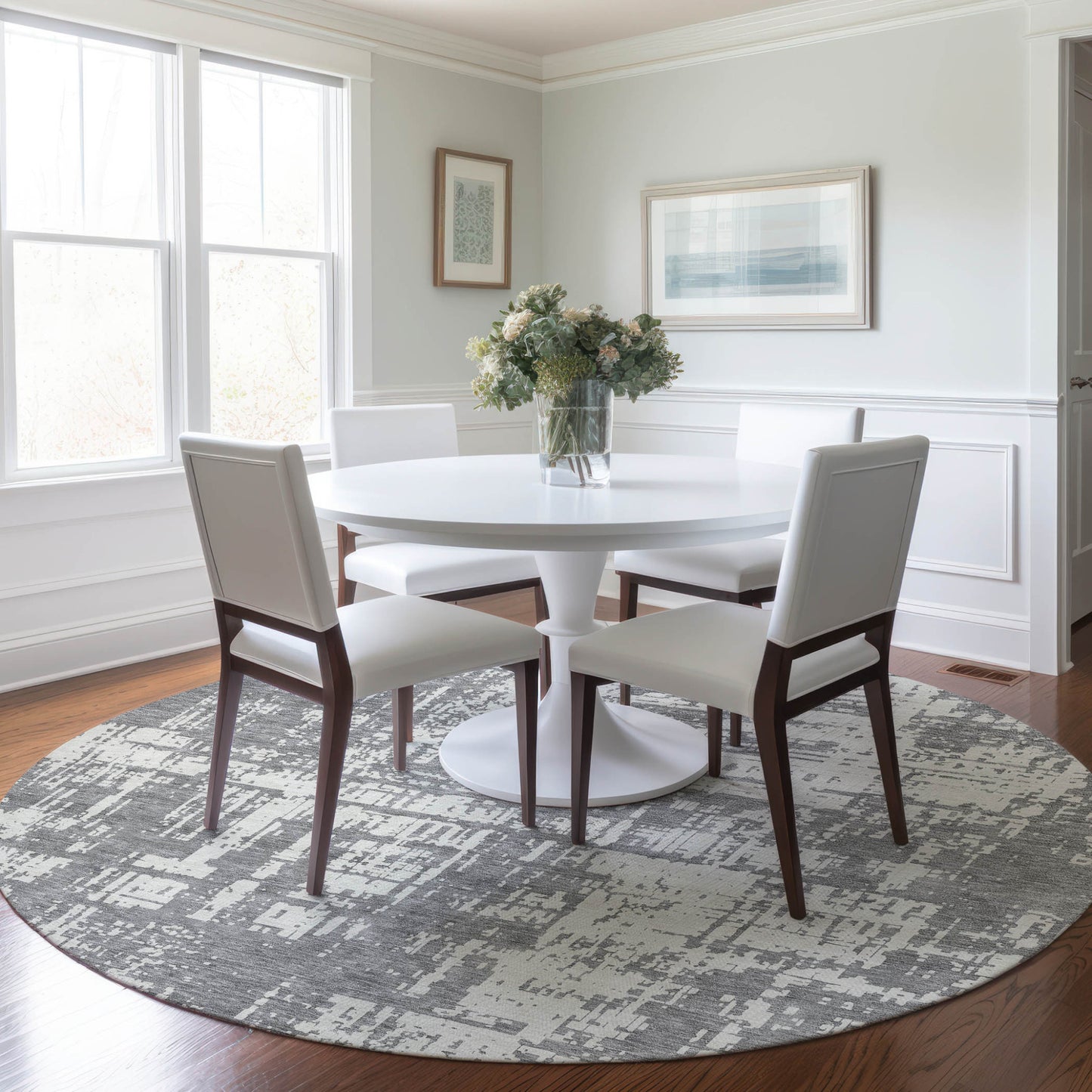 Tabselect Home Line 8' Gray And Ivory Round Abstract Washable Indoor Outdoor Area Rug