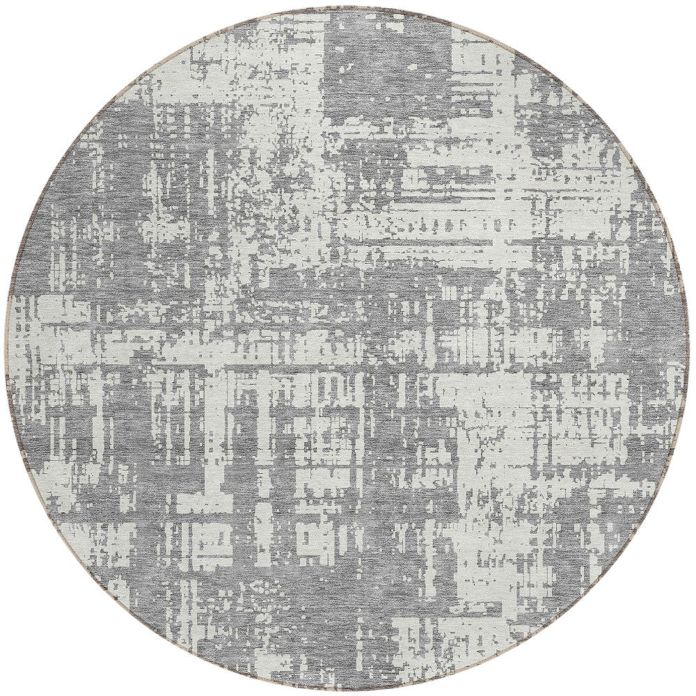 Tabselect Home Line 8' Gray And Ivory Round Abstract Washable Indoor Outdoor Area Rug