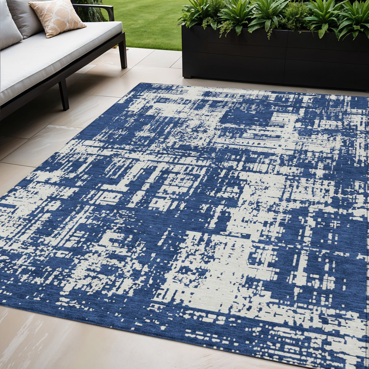 Tabselect Home Line 5' X 8' Navy Blue And Ivory Abstract Washable Indoor Outdoor Area Rug