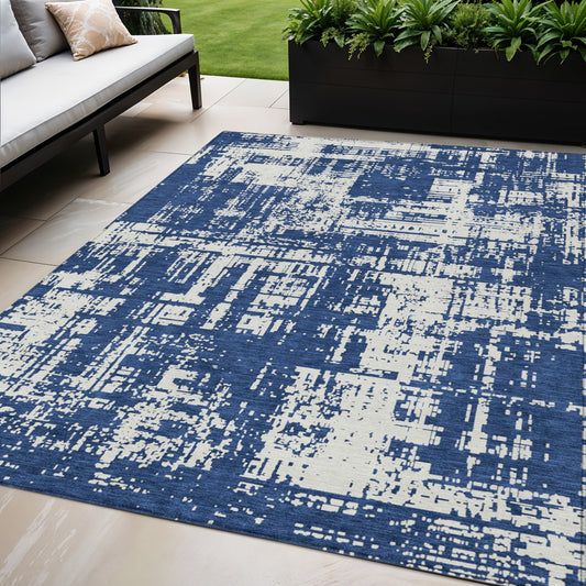 Tabselect Home Line 5' X 8' Navy Blue And Ivory Abstract Washable Indoor Outdoor Area Rug