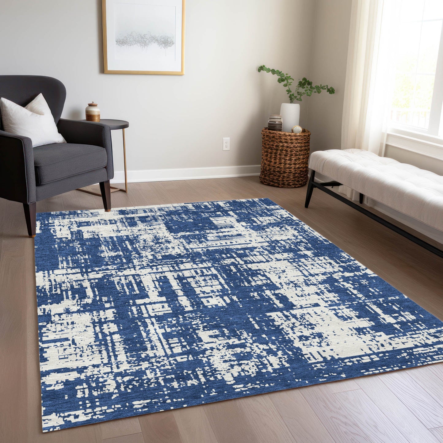 Tabselect Home Line 5' X 8' Navy Blue And Ivory Abstract Washable Indoor Outdoor Area Rug