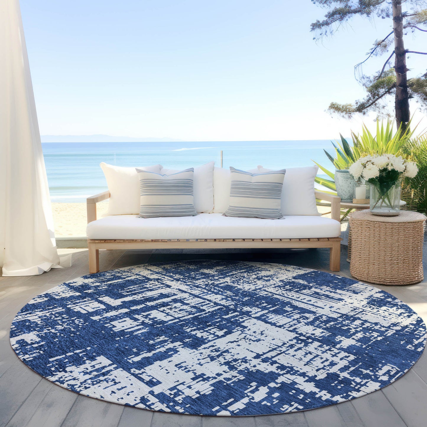 Tabselect Home Line 8' Navy Blue And Ivory Round Abstract Washable Indoor Outdoor Area Rug