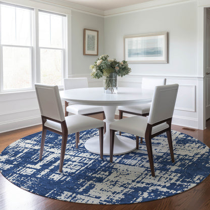 Tabselect Home Line 8' Navy Blue And Ivory Round Abstract Washable Indoor Outdoor Area Rug