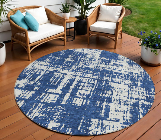 Tabselect Home Line 8' Navy Blue And Ivory Round Abstract Washable Indoor Outdoor Area Rug