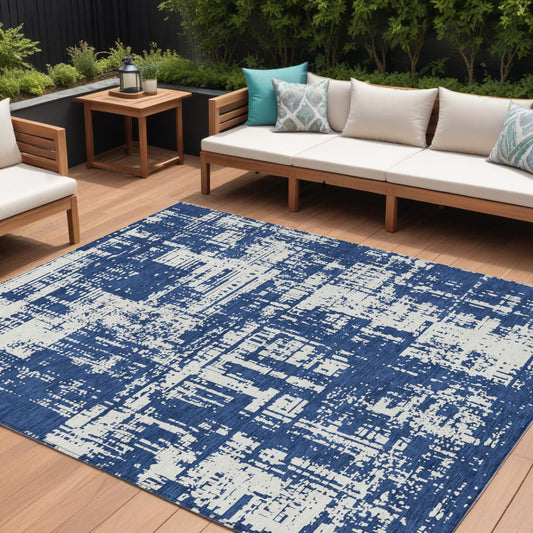 Tabselect Home Line 8' X 10' Navy Blue And Ivory Abstract Washable Indoor Outdoor Area Rug