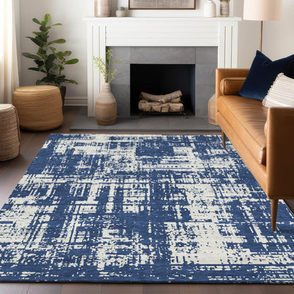 Tabselect Home Line 8' X 10' Navy Blue And Ivory Abstract Washable Indoor Outdoor Area Rug