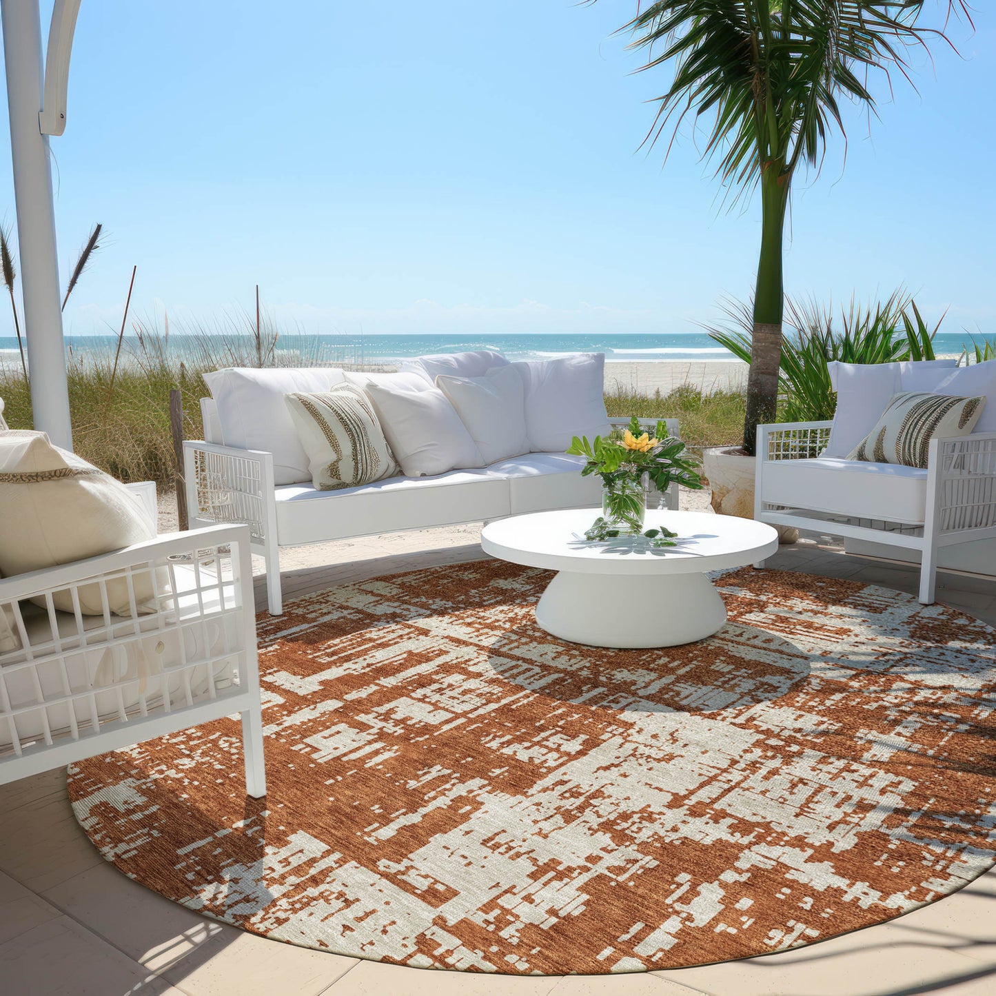 Tabselect Home Line 8' Brown And Ivory Round Abstract Washable Indoor Outdoor Area Rug