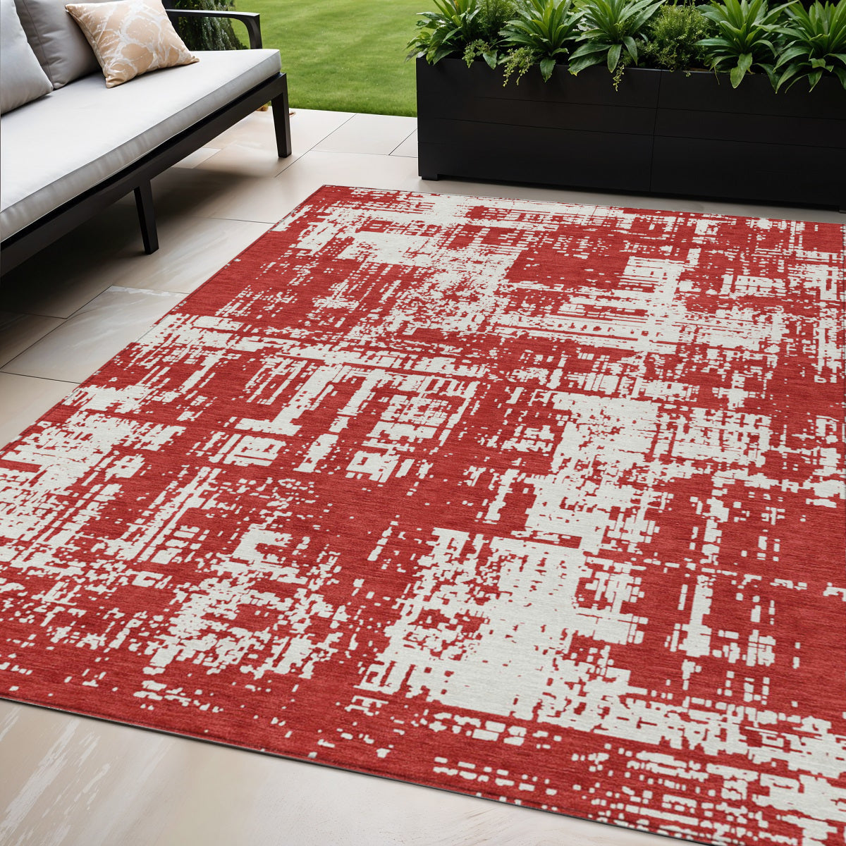 Tabselect Home Line 5' X 8' Red And Ivory Abstract Washable Indoor Outdoor Area Rug