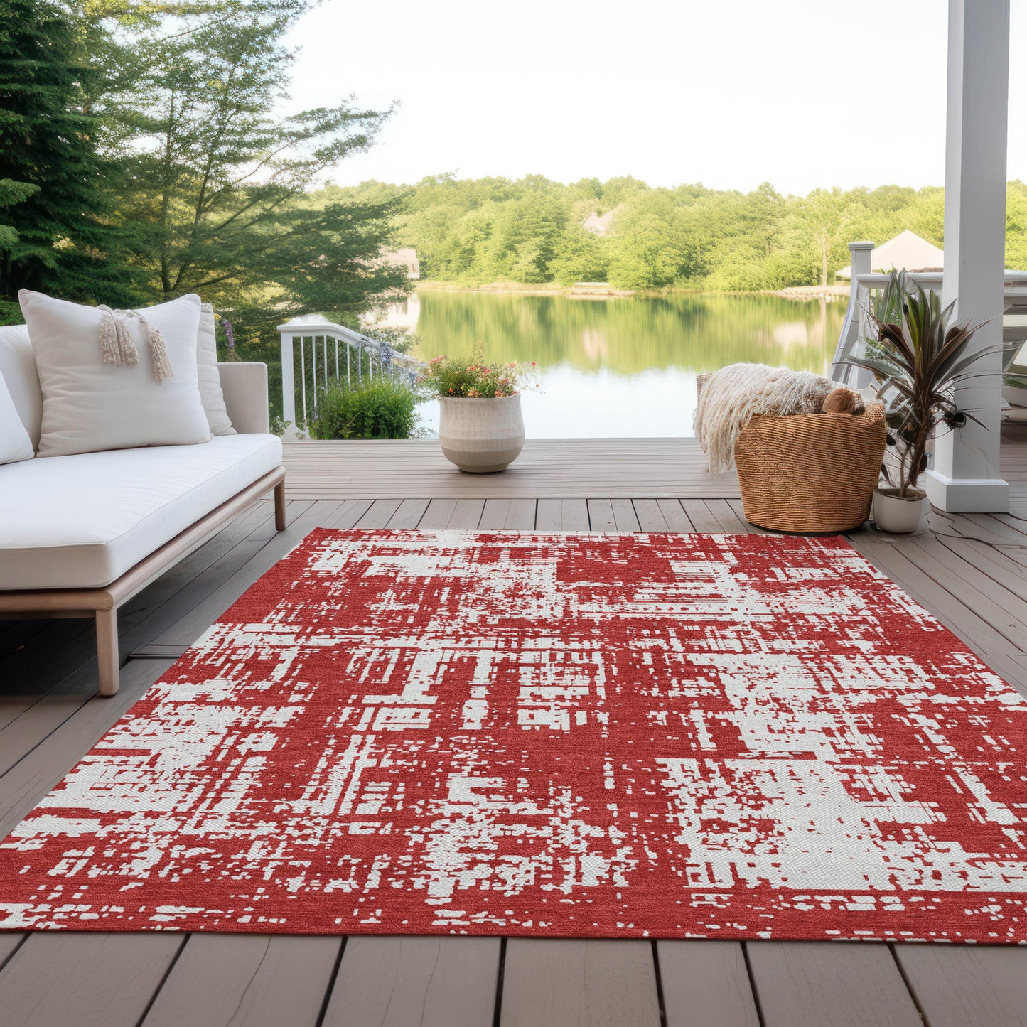 Tabselect Home Line 5' X 8' Red And Ivory Abstract Washable Indoor Outdoor Area Rug