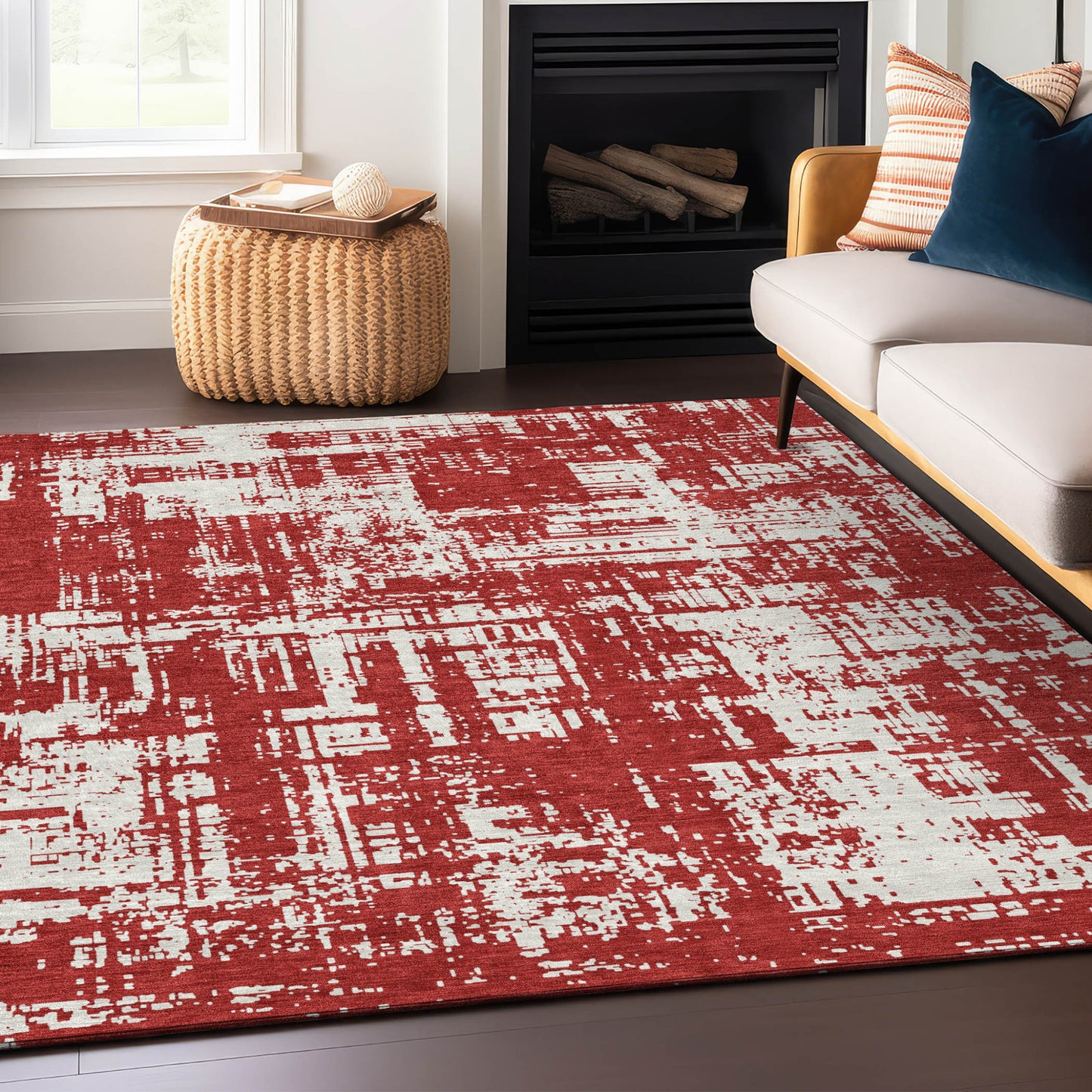 Tabselect Home Line 5' X 8' Red And Ivory Abstract Washable Indoor Outdoor Area Rug