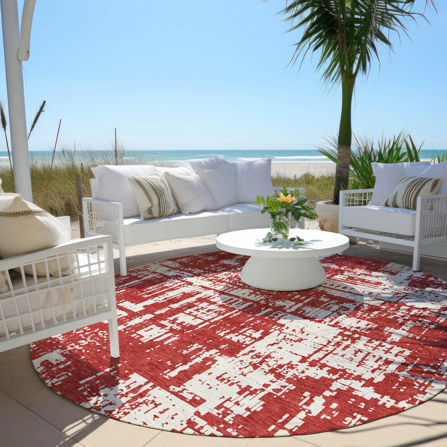 Tabselect Home Line 8' Red And Ivory Round Abstract Washable Indoor Outdoor Area Rug