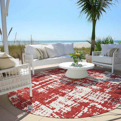 Tabselect Home Line 8' Red And Ivory Round Abstract Washable Indoor Outdoor Area Rug