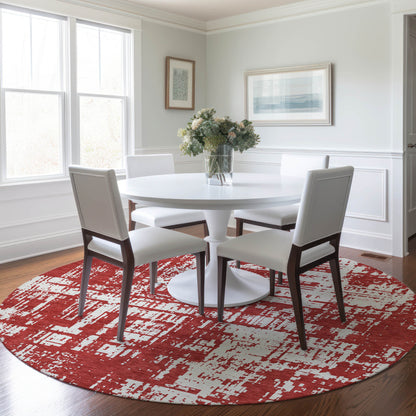 Tabselect Home Line 8' Red And Ivory Round Abstract Washable Indoor Outdoor Area Rug