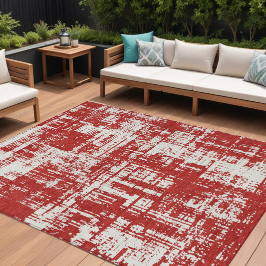 Tabselect Home Line 8' X 10' Red And Ivory Abstract Washable Indoor Outdoor Area Rug